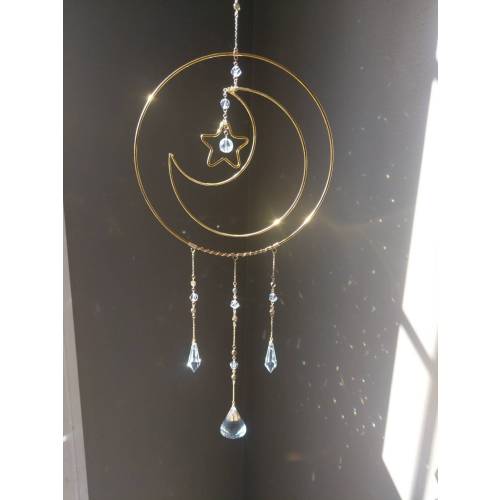Celestial #2 - Gold and Crystal Sun Moon Stars Mobile / Rainbow Maker / Prism Sun Catcher (Rainbows and Whimsy)