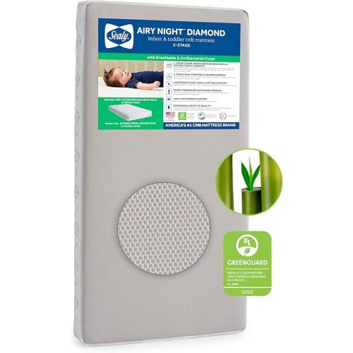 Sealy Baby Airy Night Breathable Hypoallergenic 2-Stage Dual Firm Crib Mattress, 2-Sided Mesh and Antibacterial Baby Crib Mattress & Toddler Bed Mattress, Sustainable, Certified, Made in USA, 52"X28"