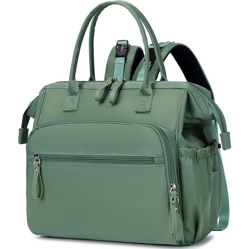 Convertible Diaper Bag Tote, Wide Open Top 14 Pockets Nappy Changing Backpack with Stroller Buckle, Water-resistant (Green)