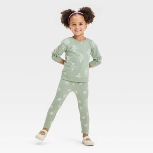 Toddler Girls' Flowers Top and Bottom Set - Cat & Jack™ - Light Olive 18M: Lightweight Floral Pullover Sweater and Legging Pant