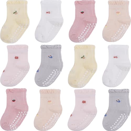 Aroveea Baby Toddle Socks Grip Non Slip Kids Boys Girls Cotton 12 Pack Ankle Cute Newborn Socks