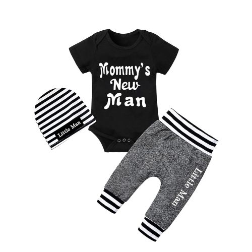 Fommy Newborn Baby Boy Clothes New to The Crew Letter Print Romper+ Pants+Hat 3PCS Outfit