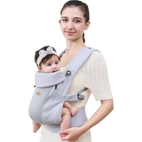 CUBY Newborn Baby Carrier with Head Support and Sunshield, Breathable & Adjustable Newborn Toddler Front Baby Carriers, Hands-Free Newborn Carrier up to 40lbs(Light Gray, Upgraded-with Waist Belt)