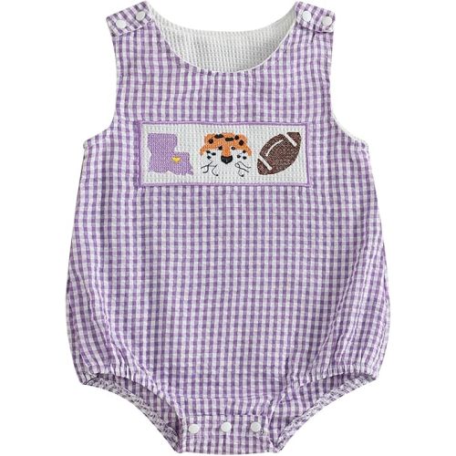Baby Girl Boy Football Outfit College Football Bubble Romper Sleeveless Plaid Overalls Bodysuit Game Day Clothes