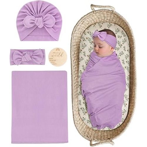 Stretchy Baby Swaddle Blanket and Headband Set, Newborn Receiving Blankets with Matching Hat for Nursery Swaddle Wrap