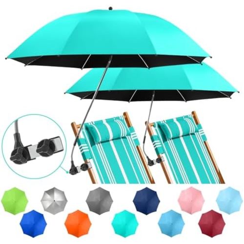 2 PACK Beach Umbrella with Clamp, 360 ° Adjustable Umbrellas for Chair, UPF50+ Umbrella for Beach Chair, Patio Chair, Wheelchair, Camping Chair, Golf Carts (Chair Not Included)