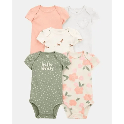 Baby Girl 5-Pack Floral Horses Short-Sleeve Cotton Bodysuits - Pink/Green | Carter's