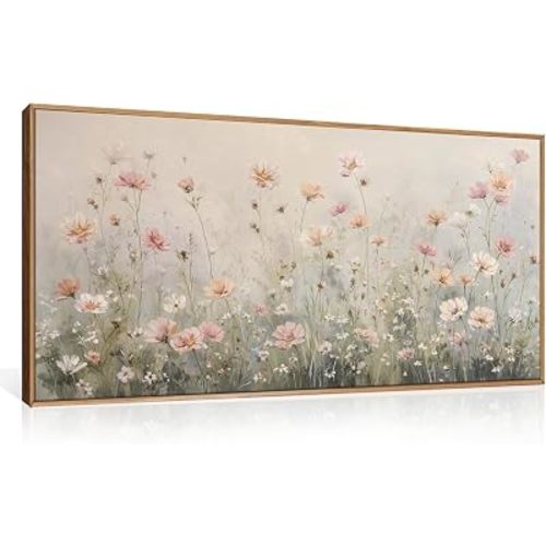 LHIUEM Watercolor Wildflower Framed Canvas Wall Art,Vintage Floral Wall Decor,Nature Pink Daisy Painting,Botanical Flower Artwork for Living Room,Bedroom,Dining Room - 20"x40"x1