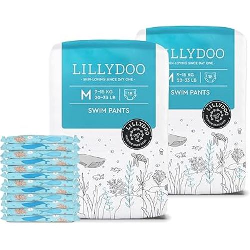LILLYDOO Baby Swim Diapers - Size Medium (20-33 lbs), Half-Monthly Supply (36 Count), Blue Whales Design, Skin-Friendly, Perfume- & Chlorine-Free, Hypoallergenic, Dermatologist Tested, Oeko-TEX®