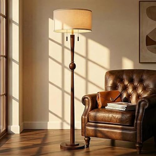MOFFE 62.8" Solid Wood Floor Lamp,Tall Standing Floor Lamp with 2-Light Pull Chain, 17" Linen Drum Shade, Sculptural Wood Base & Stem,Transitional Floor Lamp for Living Room Bedroom, Includes 2 Bulbs