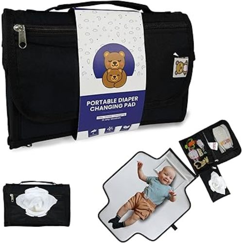 Portable Diaper Changing Pad, Waterproof Travel Baby Changing Mat with Wipes Pocket, Compact Foldable, Gift for Babyshower, Newborn Boys & Girls (Black)