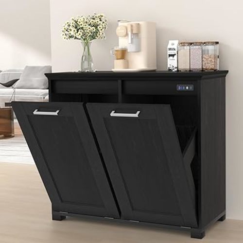 Tilt Out Trash Can Cabinet, Wooden Trash Cabinet with Deodorising Function, 20 Gallons Freestanding Dog-Proof Garbage Bin Cabinet for Home, Laundry Room, Kitchen and Living Room, Black Finish