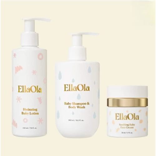 EllaOla Basic Baby Essentials Bundle | Set Includes - Shampoo & Body Wash, Hydrating Lotion, and Soothing Face Cream | Organic, Plant Derived Ingredients for Sensitive Skin - Fragrance Free Formulas