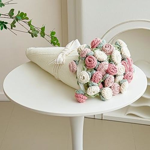 Crochet Flower Bouquet Throw Blanket, Handmade Knitted Blanket with Rose Flowers, Cute Romantic Gift for Her Girlfriend Mom Mother’s Day Valentine Wedding Anniversary Birthday, Pink and White