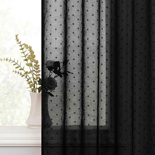 Pitalk Polka Dots Black Sheer Curtains 84 Inches Long Grommet Modern Aesthetic Drape Semi Sheer Simple Patterned Drapes for Bedroom Living Room Decor, Black, W52 x L84, 2 Panels Set
