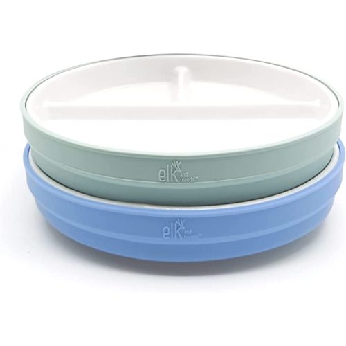 Elk and Friends Kids 6.7” Porcelain Divided Plates with Silicone Sleeves | Suitable for Babies/Kids/Toddlers | Microwave & Dishwasher Safe | Non Slip | Snack Dishes