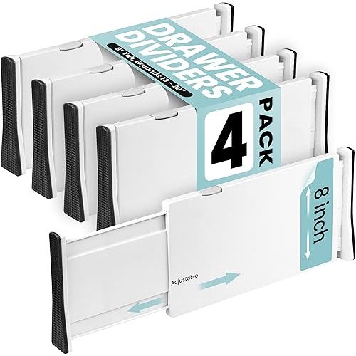 RAPTUROUS Adjustable Drawer Dividers, 8" Tall, Expandable 13.35-22", 4-Pack, Non-Slip for Deep Drawers in Kitchen, Bedroom, and Closet (White)