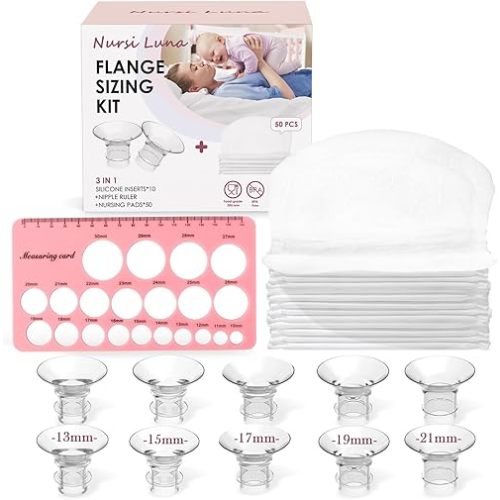 Flange Sizing Kit with Flange Inserts 13/15/17/19/21mm 10PCS, Nipple Ruler, 50 Pads, Silicone Flange Insert Kit for 24mm Most Breast Pumps, Pumping Breastfeeding Essentials for New Moms