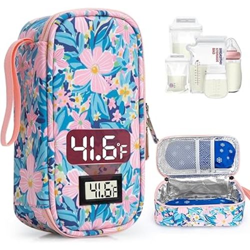 Breast Milk Cooler Travel Bag, Real-Time Temperature Display, Holds 4-6 Breastmilk Storage Bag with 2 Breast Milk Ice Pack, Cooling & Waterproof Portable Cooler for Moms on the Go (Pink Flower)