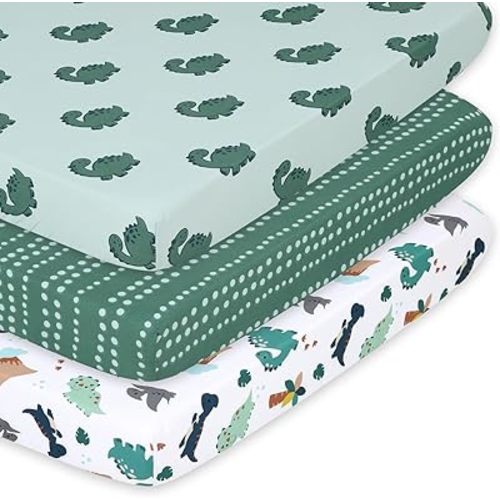 The Peanutshell 3-Pack Fitted Playard Sheets - Soft & Breathable Baby Boy Mini Crib Sheets, Pack N Play Mattress, Fits Standard Playard Pack Play Mattresses - Green Dino