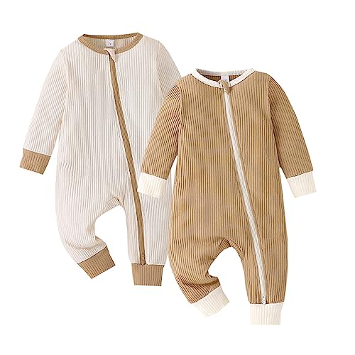 Bafeicao Unisex Baby Boy Girl 2 Pack Rompers Long Sleeve Two Way Zipper Romper One Piece Jumpsuits Clothes Sets