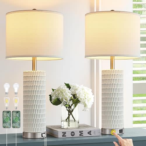 Reaketon 26.5" Ceramic Table Lamp Set of 2, 3 Way Dimmable Touch Control Table Lamp with 2 USB Charging Ports for Bedroom Living Room, Modern Nightstand Lamp End Table Lamps, Bulbs Included