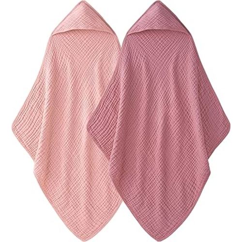 Hooded Baby Towels 100% Muslin Cotton Baby Bath Towels with Hood 2 Pack Baby Towels for Newborn, Infant, Toddler, Kids, Large 32x32Inches, Soft and Absorbent Newborn Essential Pink
