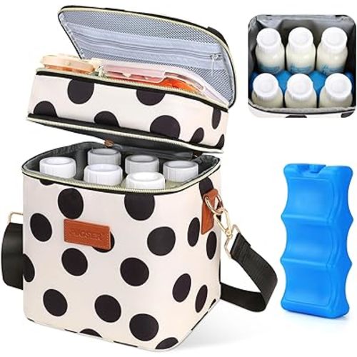 PIIOSER Breastmilk Cooler Bag with Ice Pack, Fits 6 Baby Bottles Up to 9 Oz, Stylish Baby Cooler Travel Bags with Shoulder Strap, Double Layer & Leakproof for Nursing & Working Moms, Black Polka Dots