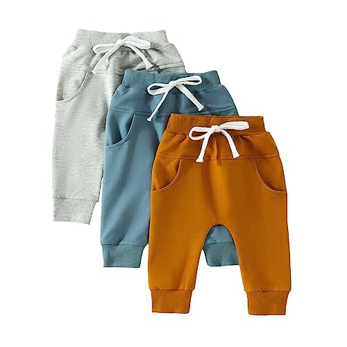 Toddler Baby Boy Fall Pants 3 Pack Active Jogger Casual Athletic Trousers Solid Color Pocket Elastic Waist Harem Bottoms
