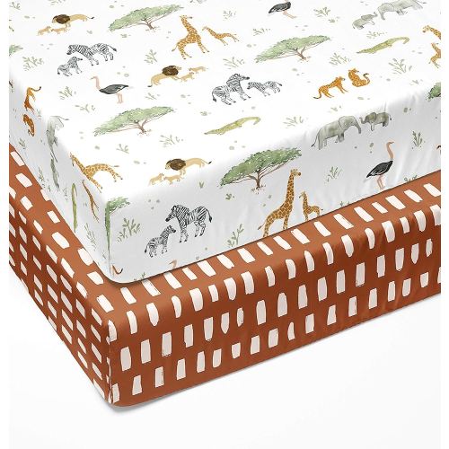 Crib Sheets Neutral - Fitted Baby Crib Sheets Bed for Girl Boy - 2 Pack Standard & Toddler Mattress (Safari Adventure) - Buttery Soft Organic Cotton Blend