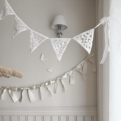 Bow Knot Garland | 6ft Linking Satin Bow Banner with 3ft Extend Ribbon for Coquette Bachelorette Party, Baby Shower,Bridal Shower Wedding Baby Room Bed Decor (Lace Pennant Banner, 4.9ft)