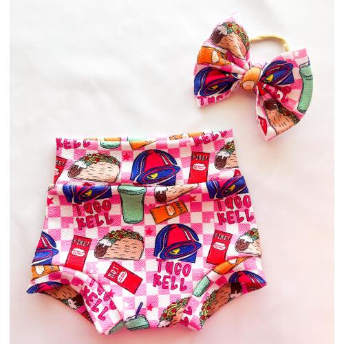 Baby Girl Toddler Hippie Boho TACO Fast Food Mexican Bummies Nylon Bow set 0-3 mos-4t Shorties Headband diaper cover Hot Sauce FREEZE