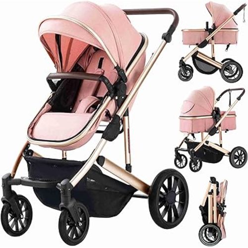 Baby Stroller Newborns and up 2-in-1 Infant Newborn Toddler Pram Convertible Foldable Standard Baby Carriage for 0-36 Months Old Babies (Pink Gold)
