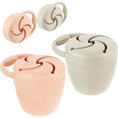 PandaEar Lot de 2 récipients à goûter en silicone pour tout-petits et enfants | Gobelets à goûter pliables anti-déversement | Attrape-collations pour bébé pour voyage, marron clair/noyer (rose/lin)