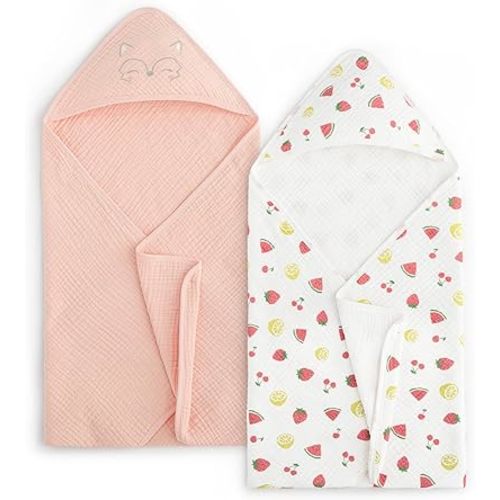 PHF 100% Muslin Cotton Baby Hooded Towels, 2 Pack Bath Towel with Hood for Newborn, Infant, Toddler, Ultra Soft and Absorbent Baby Bath Essentials, Shower Gifts for Girls, 32x32Inch, Fruits