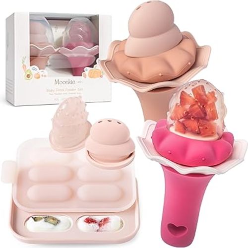 Moonkie Baby Fruit Feeder with Freezer Tray | BPA Free Silicone Infant Food Feeder | Two Sizes Pouches and Breastmilk Popsicle Molds for Cooling Relief | Baby Shower Gifts 4 Months+, 2 Pack