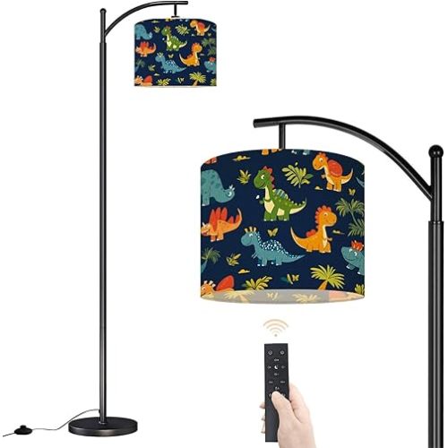 Arc Floor Lamp Dinosaur Dino Kids Boys Girls Dinosaurs Palm Trees Butterflies Dimmable Modern Standing Lamp with Remote Adjustable Drum Shade Footswitch Tall Pole Lamp for Living Room Bedroom