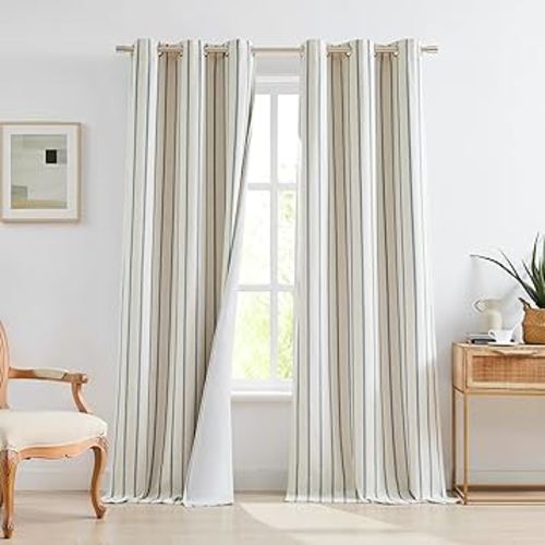 Dusty Blue Striped Full Blackout Bedroom Curtains 90 Inches Long,Woven Vertical Stripes on Beige Linen Blended Natural Drapes,Farmhouse Energy Efficient Window Treatment,Grommet,40"Wx90"Lx2