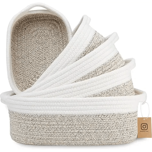 NaturalCozy 5-Piece Rectangle Storage Basket Set- Natural Cotton Rope Woven Baskets for Organizing! Small Basket for Montessori, Baby Nursery, Dog Toy Baskets, Cat Toy Box, Bathroom Organization Bin