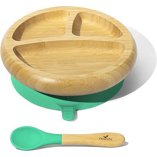 Avanchy Baby Plates Divided Bamboo with Suction for Babies Kids Toddler Food with Silicone Spoon for Feeding (Green)