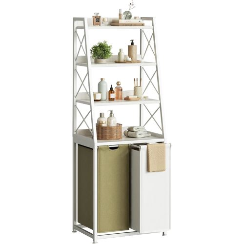 Laundry Basket, 2 Section Laundry Hamper with 4 Tiers Shelf, Pull-Out and Removable Laundry Bags, Large 2 x 15.87 Gallons, for Bedroom Bathroom White PF11XLE