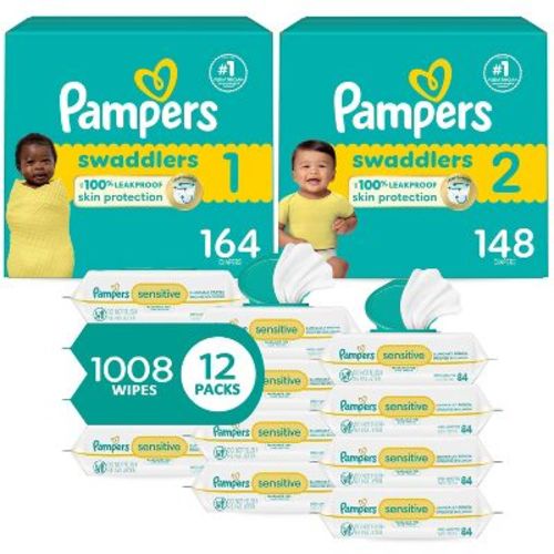 Pampers Swaddlers Sensitive Disposable Diapers Size 1 - 164ct + Size 2 - 148ct + Sensitive Baby Wipes - 1008ct