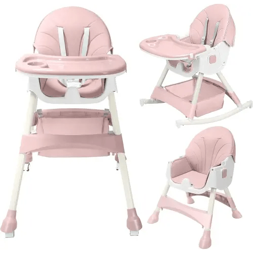 Foldable 4-in-1 Baby High Chair for Toddlers with Removable Tray, Locking Wheels & 5-Point Seat Belt