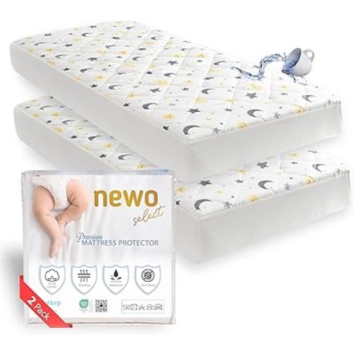 Waterproof Crib Mattress Protector Sheets,%100 Cotton Fabric, Absorbent Crib/Toddler Mattress Protector, Quilted, Certified, Noiseless Machine Wash, Moon&Star Pattern 52"x28" (Small Single, 2, Pack)