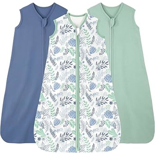 Baby Sleep Sack 0-6 months, 100% Cotton Sleeping Sack for Newborn and Infant, 3 Pack Baby Wearable Blanket, 0.5 Tog Lightweight Double Zipper Sleep Bag Blue Leaf