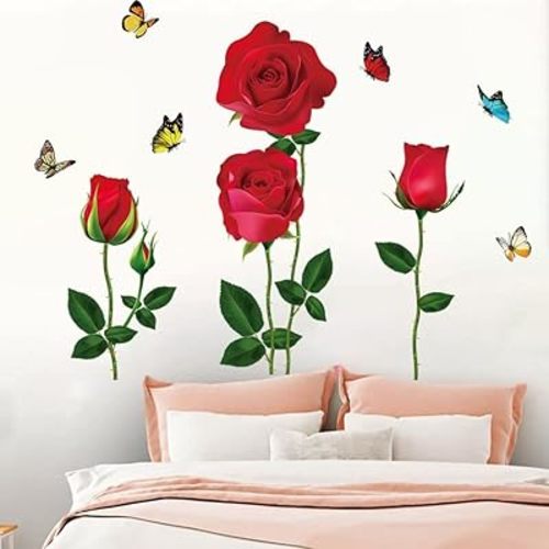 Romantic Red Rose Flower Wall Stickers Butterfly Floral Wall Decals DIY Wall Art Murals for Girls Woman Wedding Room Bedroom Bedside Backdrop Decorations