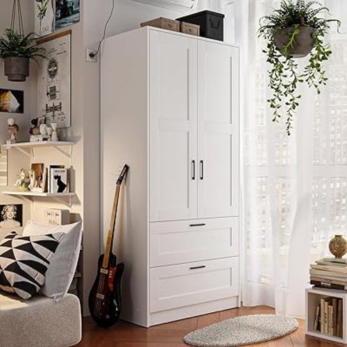 Wood White Wardrobe Closet with 2 Doors and 2 Drawers,Bedroom Freestanding Armoire Storage Cabinet with Shelves,Wooden Wardrobe Combination for Hanging Clothes (White 2 Drawers)