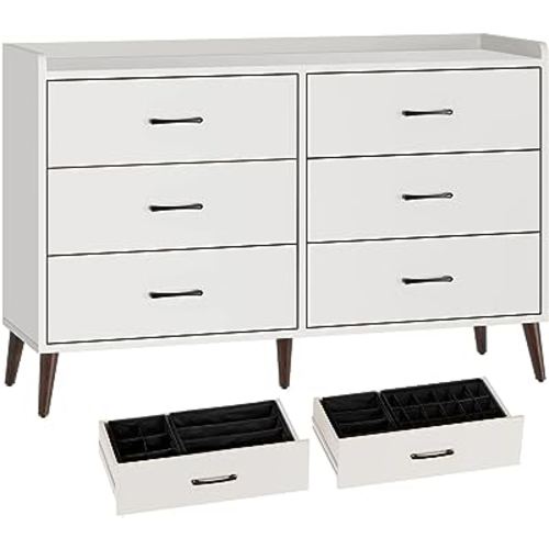 Rolanstar Drawer Dresser Quick Install, 6 Wooden Drawers Storage Dresser with Set of 4 Foldable Drawer Dividers, Modern Chest of Drawer with Anti-Tipping Device, Bedroom, Living Room, White