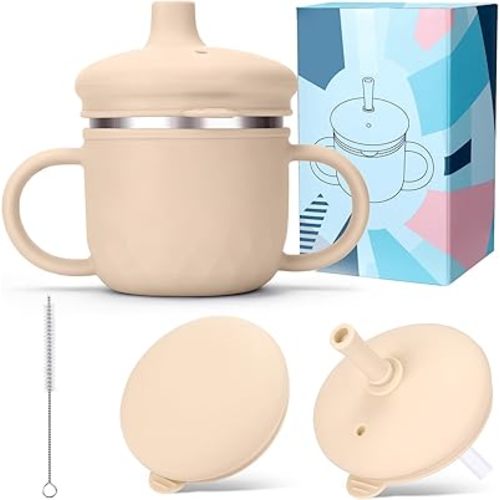 BUSOHA Stainless Steel Sippy Cups - 3 IN 1 Silicone Sippy Cup for Toddlers Baby Straw Cup with Brush Kids Cups with Lid and Silicon Straw Anti-Drop Spill Proof Cups for Travel,8 oz, Beige