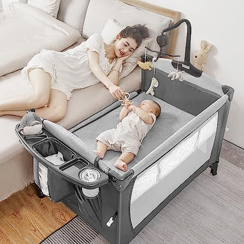 5-in-1 Pack and Play, Baby Bassinet Bedside Sleeper with U-Shaped Diaper Changer, Portable Baby Playard for Newborn Toddlers, Baby Crib with 4 Adjustable Height, Carry Bag, Easy to Install (Grey)